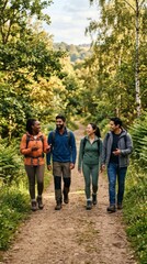 Fototapeta premium Diverse group of friends hiking on a forest trail enjoying nature and conversation