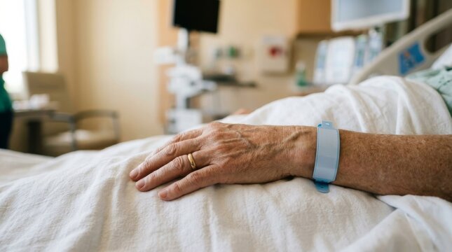 Elderly Patient's Hand Resting on Hospital Bed with Medical Equipment in Background