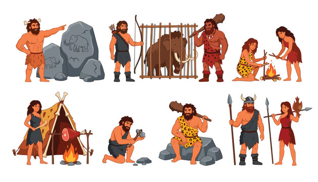 Caveman prehistoric stone age primitive character vector set. Mammoth hunting, making fire, rock painting, tent cooking and weapons.