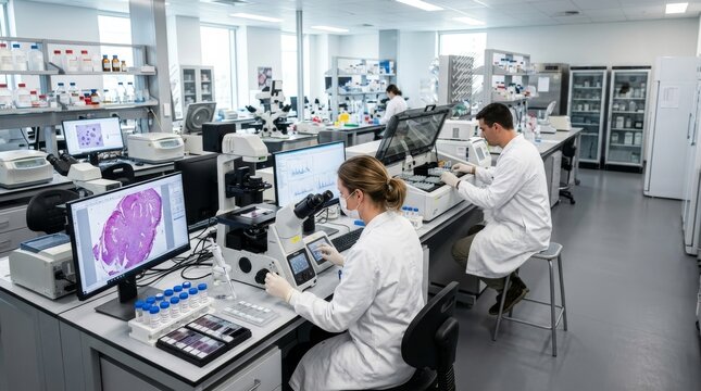 Scientists Working in Modern Hospital Laboratory with Microscopes and Computers