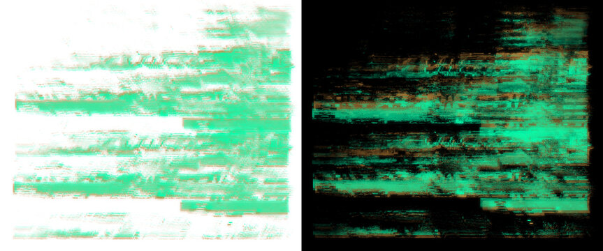 Glitch art texture with teal digital distortion, abstract electronic noise on white and black background, futuristic data error visual effect
