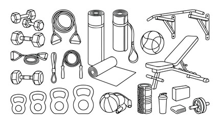 Fitness equipment line art icons set, gym workout gear collection with dumbbells and kettlebells, home exercise training tools vector © Noman