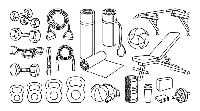 Fitness equipment line art icons set, gym workout gear collection with dumbbells and kettlebells, home exercise training tools vector
