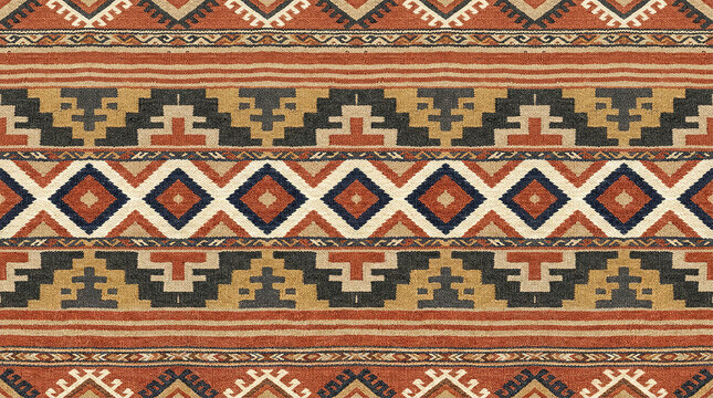 Ethnic woven tapestry with bold geometric borders and terracotta hues.