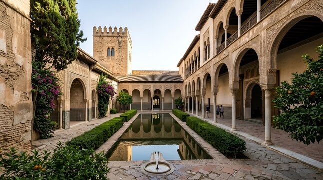 Alhambra Palace courtyard with reflecting pool and towers, Granada, Spain