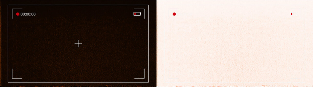 Vintage camera recording screen overlay with red REC indicator and film grain texture, isolated for editing, black and transparent background versions.