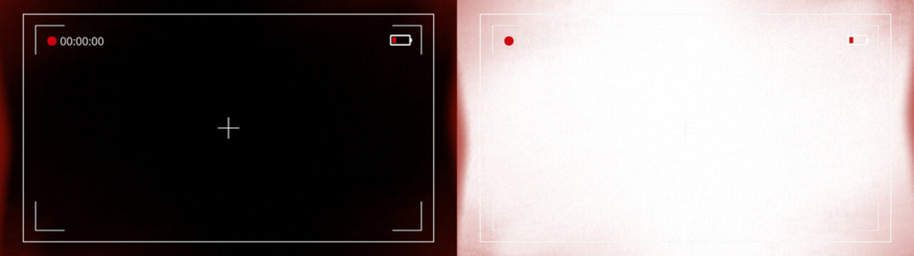 Camera viewfinder recording interface overlay with red edge glow effect on black and transparent backgrounds, concept of dramatic cinematic video production