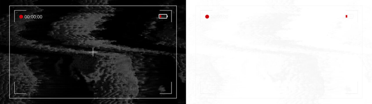Camera viewfinder recording interface overlay with black and white static glitch effect and transparent version, concept of vintage vhs video recording technology