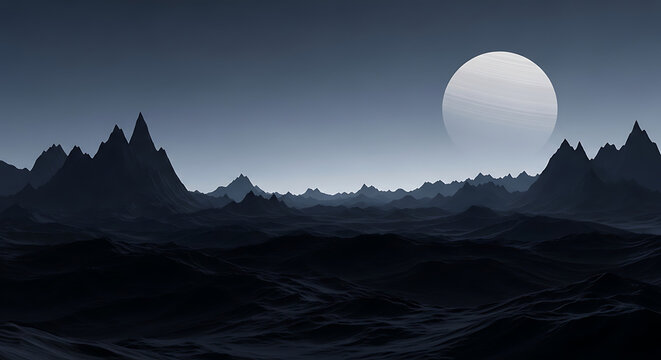 Distant moon shining over dark mountainous alien planet landscape with sci fi mountains landscape astronomy dramatic atmosphere exploration mysterious dystopian