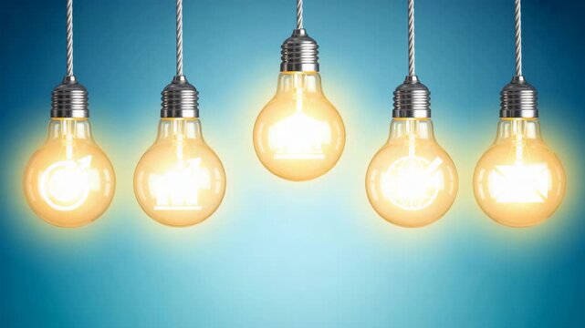 Hand pointing to glowing light bulb with business icons in other bulbs  business concept  idea  innovation  strategy