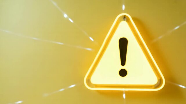 Person pointing at glowing yellow warning sign with exclamation mark on wall  alert and caution concept