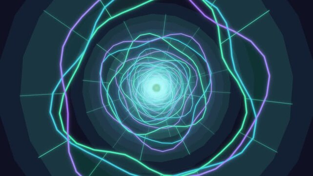 Motion graphics create a tunnel effect with glowing lines and patterns