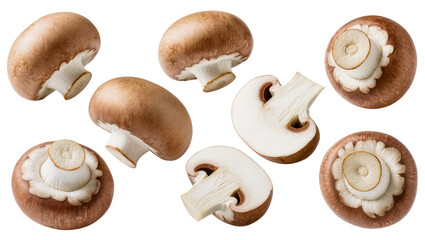 Brown cremini mushrooms whole and halved, isolated on transparent background © Jonathan