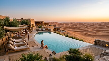 Fototapeta premium Desert Oasis Infinity Pool at Sunset with Woman and Dunes
