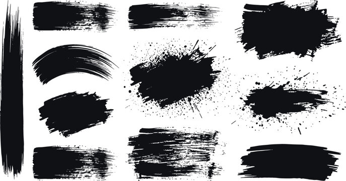 Black paint brush strokes vector elements set featuring grunge texture ink splatters dirty dye stains and artistic watercolor brush smudges isolated on white background