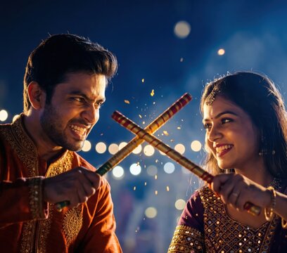 Garba Partners Playing Dandiya During Navratri Festival