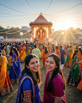 Friends Enjoying Garba Festival During Navratri Celebration