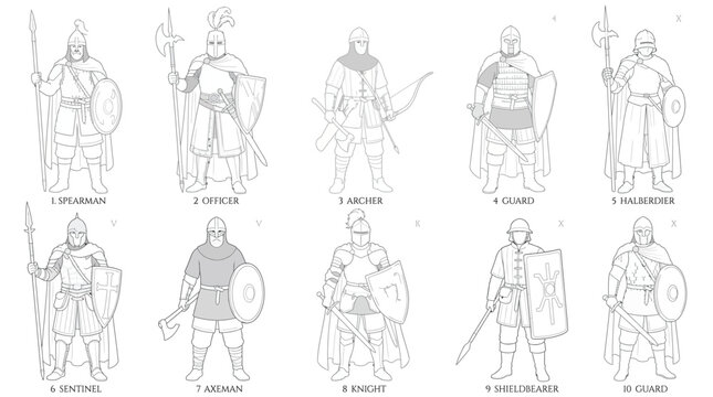 Set of medieval soldiers and warriors in armor with weapons