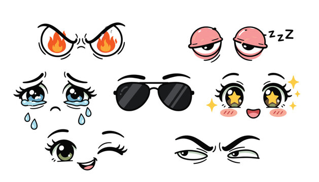 Cartoon eyes expression vector character set. Angry fire, sleepy, crying, sunglasses, anime sparkle, wink and suspicious look sticker elements.