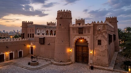 Fototapeta premium Ancient Mudbrick Fort Courtyard at Dusk with Warm Lights and Sky