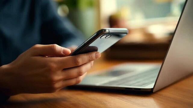 Person holding smartphone next to laptop on wooden desk in office or home workspace with blurred background  technology and communication concept