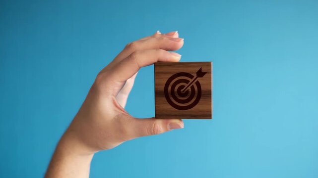 Hand holding small wooden cube with target and arrow symbol on blue background for business goal and success concept  business goal and success concept
