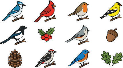 Colorful Songbird and Woodland Nature Icon Set Featuring Cardinal, Blue Jay, Robin, Goldfinch, Acorn, Pinecone, and Forest Leaves © MstSuborna