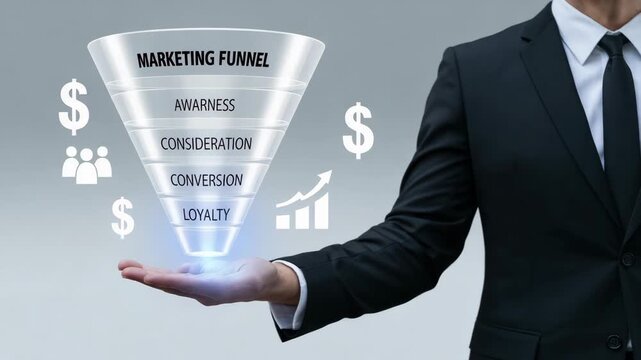 Businessman presenting a marketing funnel concept with awareness consideration conversion loyalty steps and financial growth symbols 