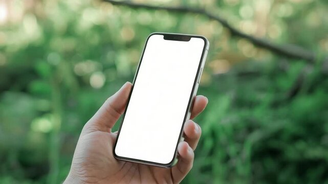Hand holding smartphone with white screen outdoors in green forest nature  mobile phone in hand with blank display