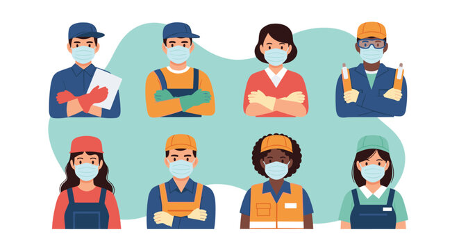 Group of essential workers from different professions wearing protective face masks to ensure safety in the workplace environment.
