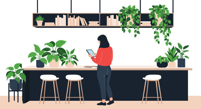 Woman using a digital tablet while standing at a long counter in a modern workspace decorated with many green indoor plants.