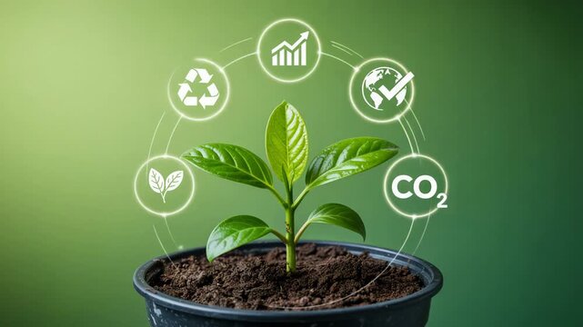 Sustainable growth concept with a young plant in a pot surrounded by ecofriendly symbols on a green gradient background