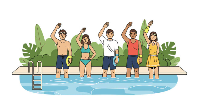 Group of five diverse young people in a swimming pool waving their hands while wearing swimwear, goggles, and swim caps.