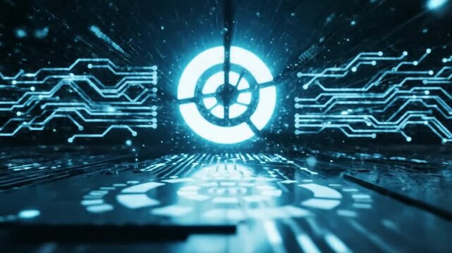 Futuristic digital circuit board background, with glowing hud, target interface and, data flow animation, for high-tech cyber, security concepts