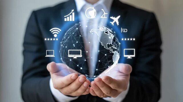 Businessman holding a digital globe with technology and communication icons around it representing global connectivity and innovation  modern business and technology concept
