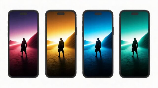Four smartphones with a silhouette of a man on a road in front of mountains on screen  technology and landscape concept