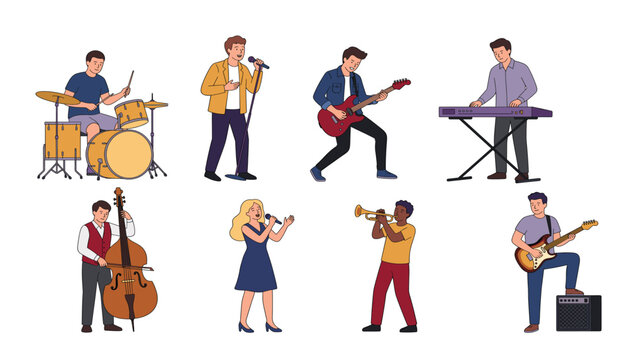 Musician characters playing instruments vector set. Singer, drummer, guitarist, pianist, bassist, trumpeter, performance, concert, band and musical flat illustration.