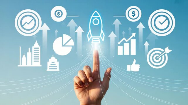 Hand pointing to rocket surrounded by business growth and success icons on blue background