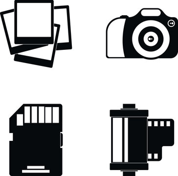Set of photography related icons including camera, frames, memory card, and film