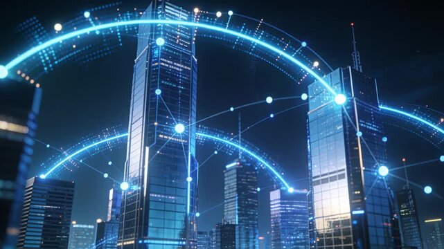 Pulsing twin glass skyscrapers linking via glowing blue arcs after left pulse in downtown at night
