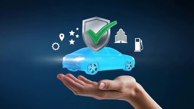 Hand holding blue car with shield and icons  transportation and protection concept