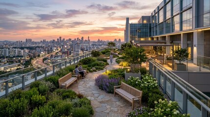 Obraz premium Rooftop Garden Oasis with Cityscape View at Sunset