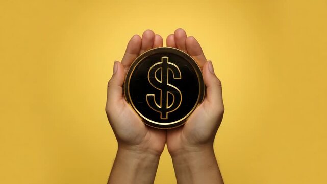 Person holding gold dollar coin in hands with yellow background  finance and money concept