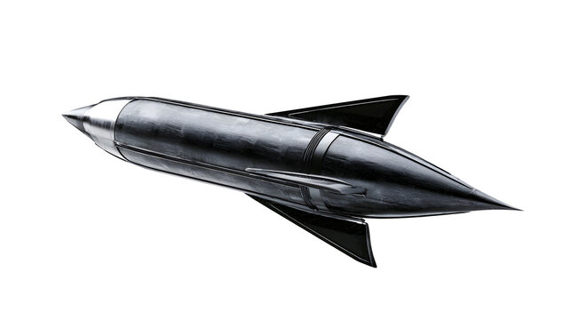 Dark grey rocket with silver tip and black fins, white background