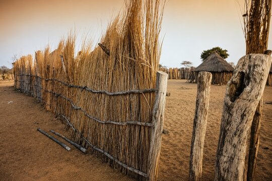 African rural village with reed fences and traditional thatched huts in arid landscape, vernacular architecture, cultural heritage, community life and ancestral environment.