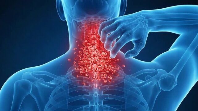 Anatomical 3D video depicting severe itching and skin inflammation on the back of the neck/nape.