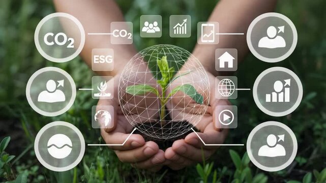 Person holding green plant with icons representing ecofriendly sustainable development and environmental protection concepts  sustainable living and ecology