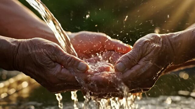 Senior hands cupping fresh flowing water for sustainability and care concept, close-up shot of elderly person receiving clean natural spring water
