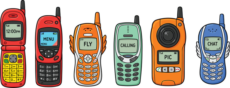 Vintage mobile phones vector collection, retro cellular devices, old keypad cellphones illustration
