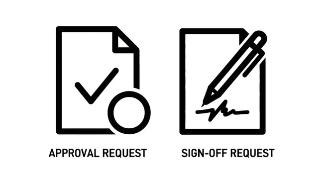 Business process icons showing document approval request and sign-off signature with document approval signature contract business management workflow